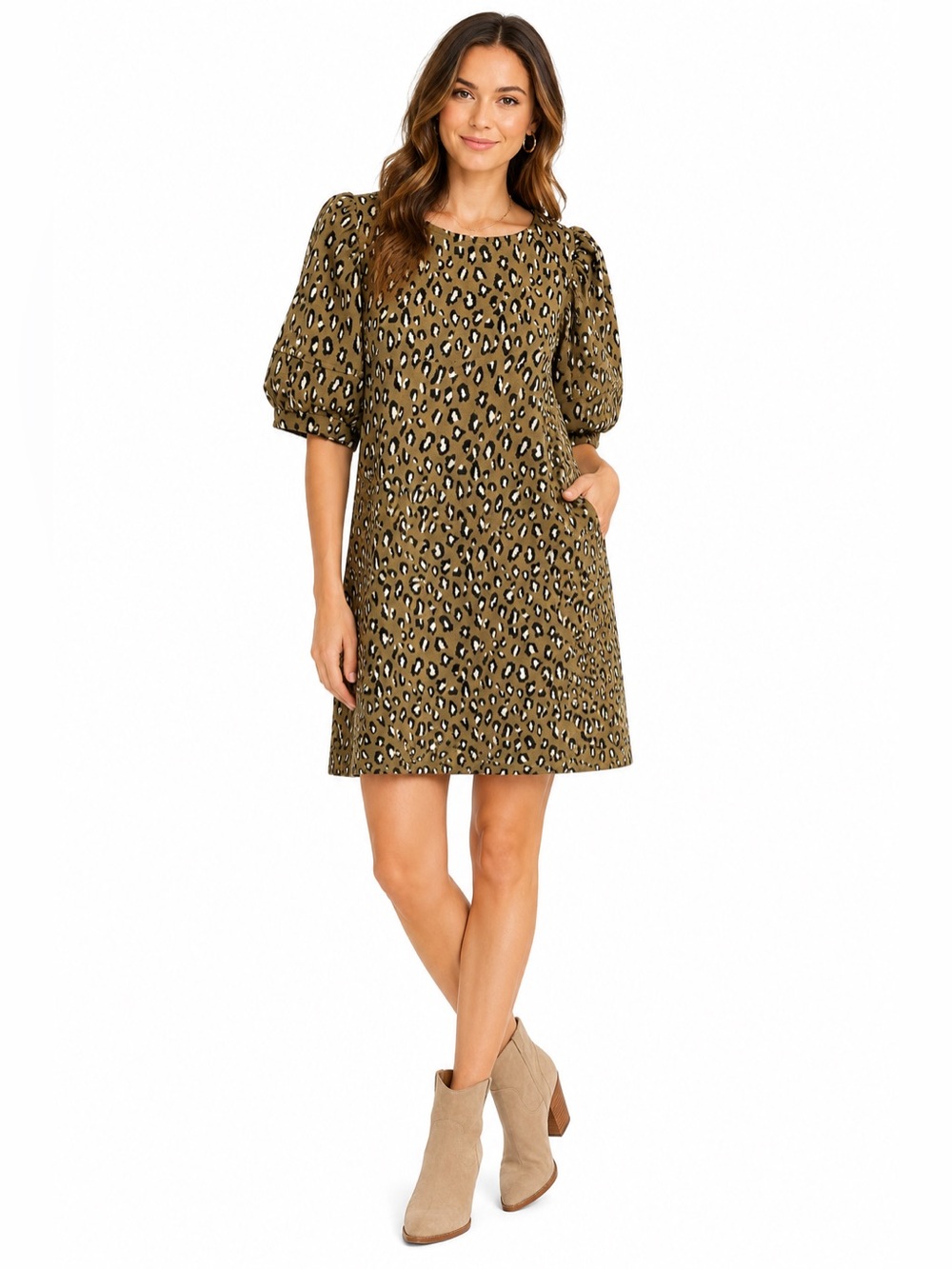 THML‎ Leopard Print Puff Sleeve Shift Dress Medium Olive Brown Animal Print Boho
